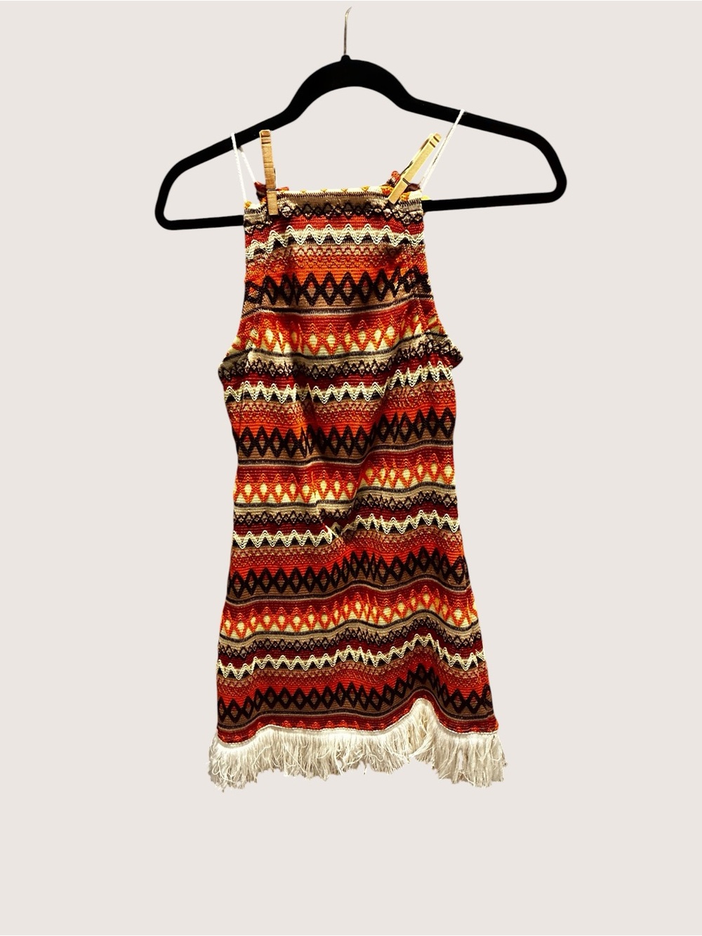 Boho Fringe Knit Sundress in Burnt Orange & Cream